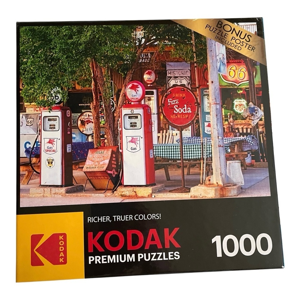 Kodak Premium Puzzle with Vibrant Vintage Gas Station on Route 66, 1000 Pieces.